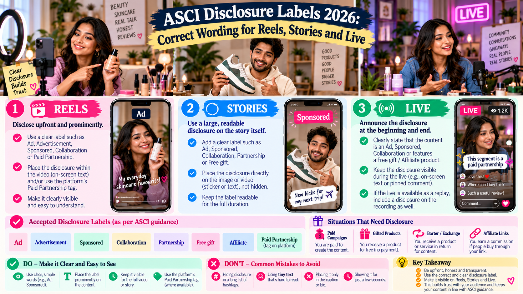 ASCI Disclosure Labels 2026: Correct Wording for Reels, Stories and Live